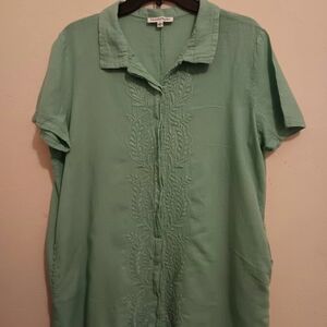🩷North Style Blouse, Women's Size Large Aqua Embroidered Floral Button Up, EUC